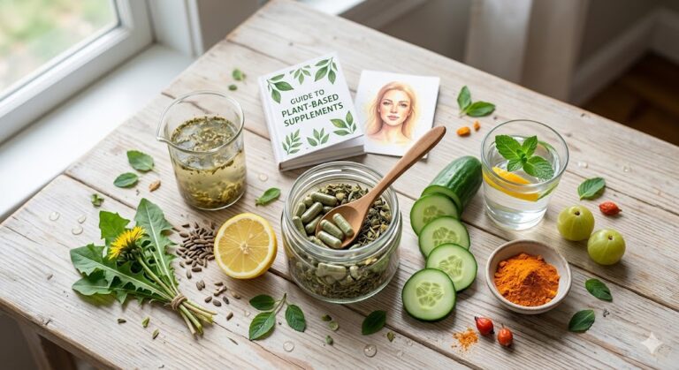 A well-lit wooden table displaying natural ingredients for a healthy lifestyle, including green plant-based capsules in a glass jar, a dandelion bouquet, lemon, cucumber slices, fresh mint water, and a 'Guide to Plant-Based Supplements' booklet.