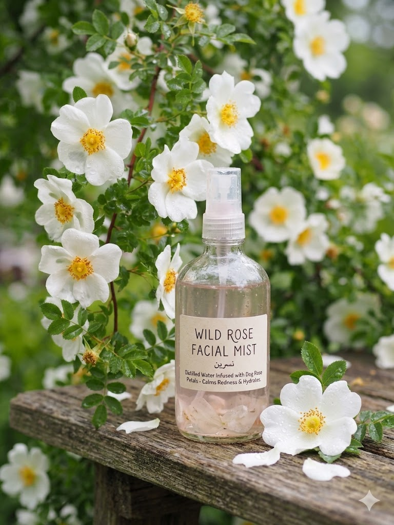 Handmade Wild Rose Facial Mist bottle with distilled water and petals
